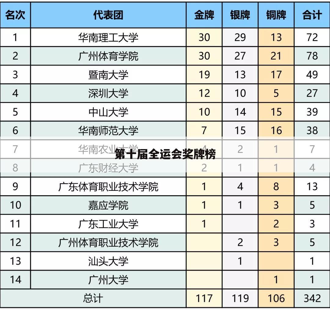 第十届全运会奖牌榜