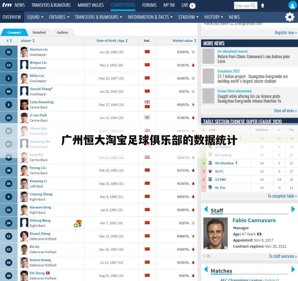 广州恒大淘宝足球俱乐部的数据统计
