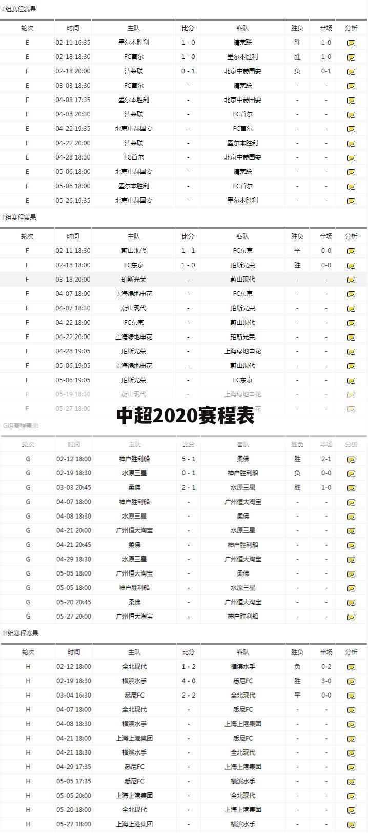 中超2020赛程表