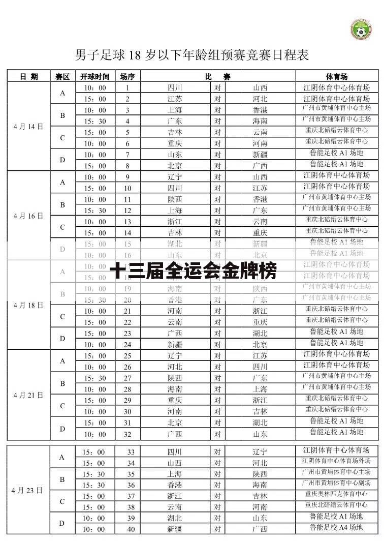 十三届全运会金牌榜